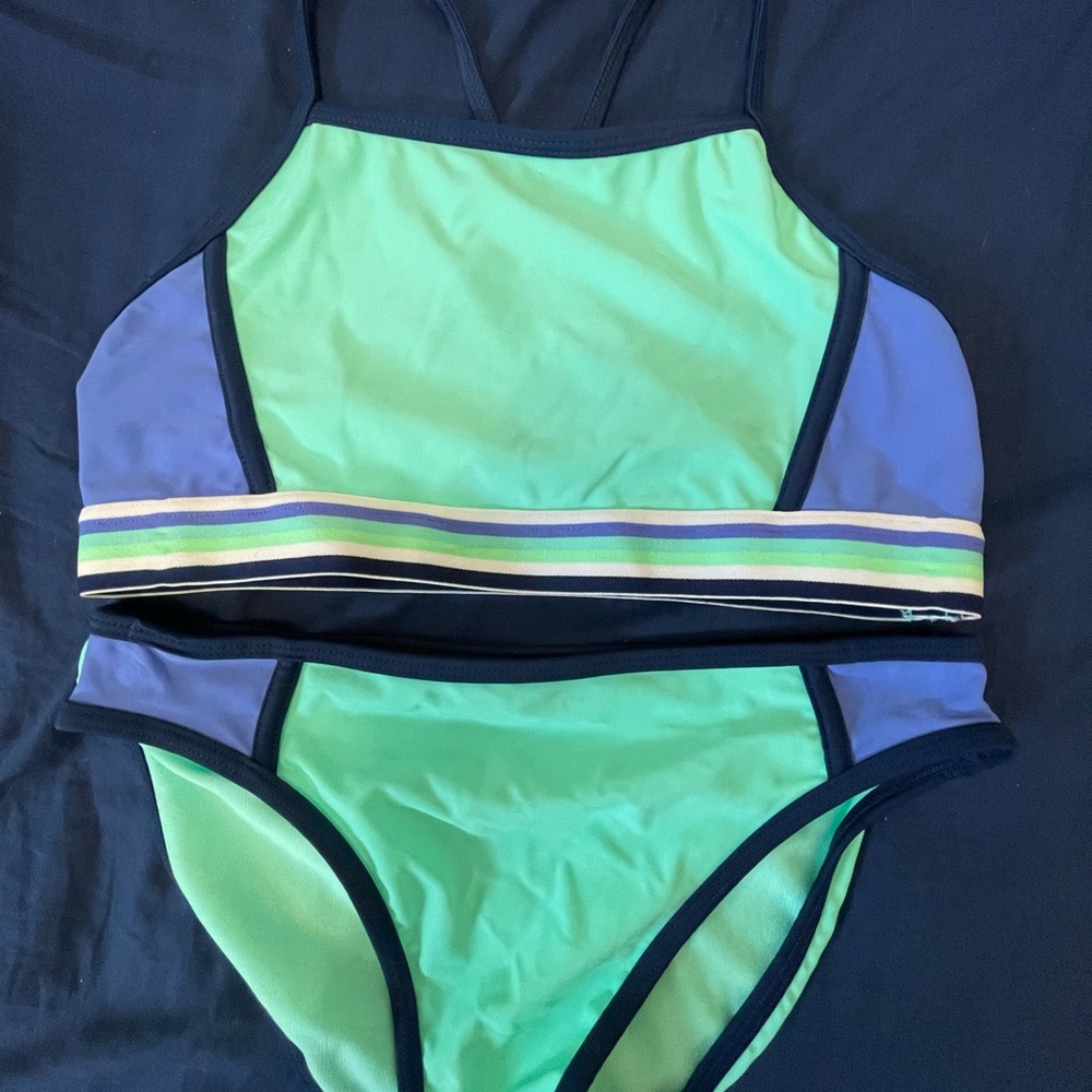 George Girls' Two-Piece Swimsuit in Seafoam Green and Lavender with Navy Trim